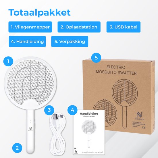 Nuvance Elektrische Vliegenmepper - 180° Draaigreep - Muggenlamp - Usb Oplaadbaar - Vliegenvanger - Muggenvanger - Uv - Wit