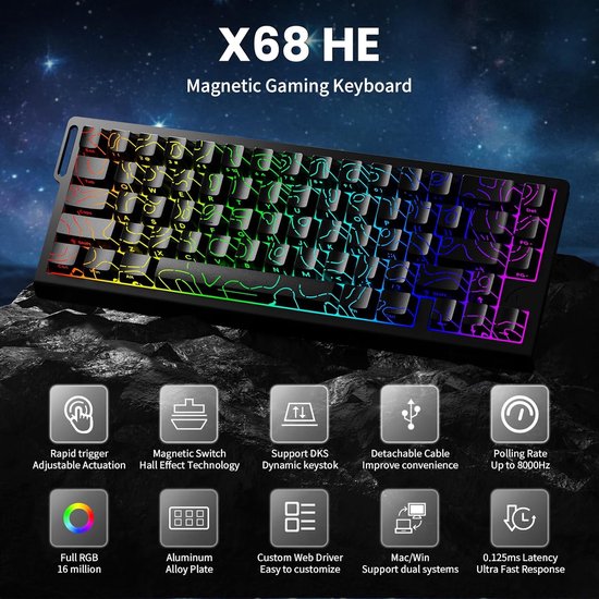 ATTACK SHARK X68HE - Magnetische Schakelaar Bedraad Gaming Toetsenbord - 66 toetsen - RGB - Zijbedrukte PBT-toetsen - Decoratieve Lanyard - 8kHz - 0,01 mmRT - 0,125 ms - Zwarte Contourlijn