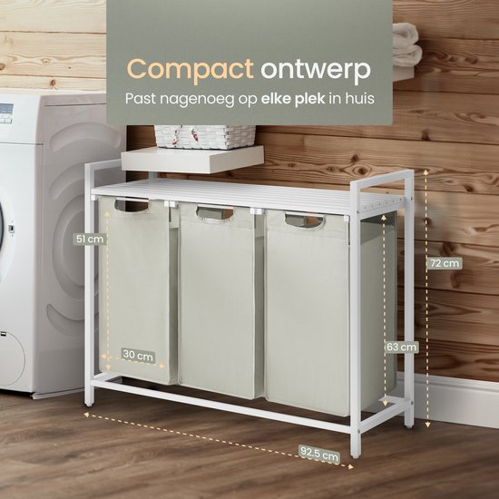 O'DADDY® Wasmand 3 Vakken - Uitschuifbare Wassorteerder met Plank - 114 Liter - 92,5 x 33 x 71 cm - Verstelbare Pootjes - Makkelijk te Monteren - Veelzijdig en Stijlvol Metaal - Wit