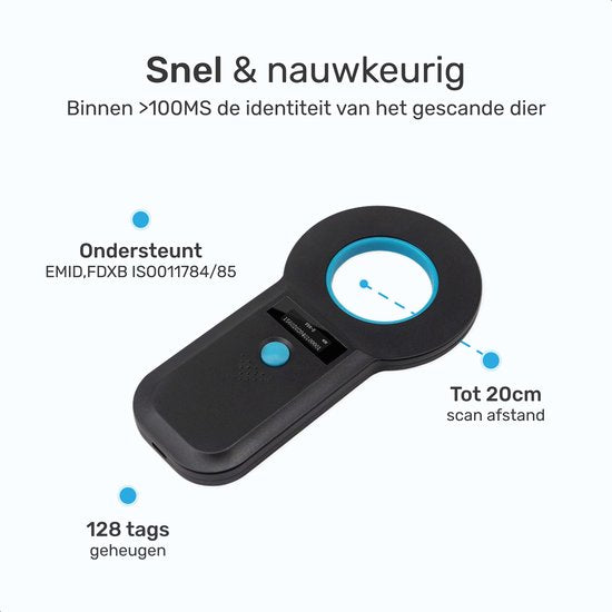 Dutchwide Chipreader Pro - Chiplezer Huisdier - Chip Reader Kat & Hond - Tot 128 tags - ISO11784/85 - EMID - FDXB