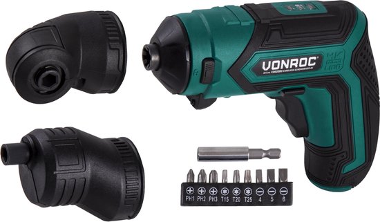 VONROC Accu Schroefmachine – 4V – Incl. bithouder, excentrisch en haaks opzetstuk, bitset & lader