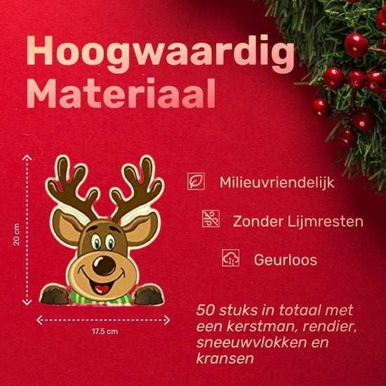 Giftmas - Raamstickers - Kerst Raamdecoratie - Kerst Stickers - Raamstickers Kinderen - Kerstversiering voor Binnen - Kerstversiering - Kerstman - Rendier - 50 stuks