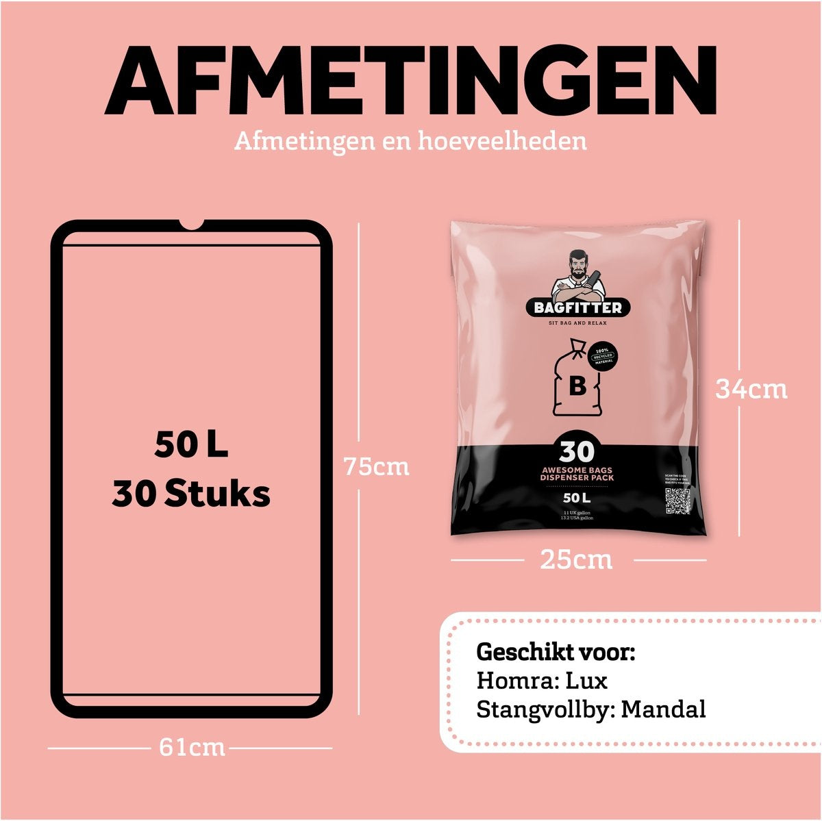 BagFitter Roze B 50L Vuilniszak met Trekband van 100% Gerecycled Plastic - 75cm x 61cm - 30 stuks - 50 Liter - Vuilniszakken - Afvalzakken - Prullenbakzakken geschikt voor o.a. Homra Lux en StangVollby Mandal