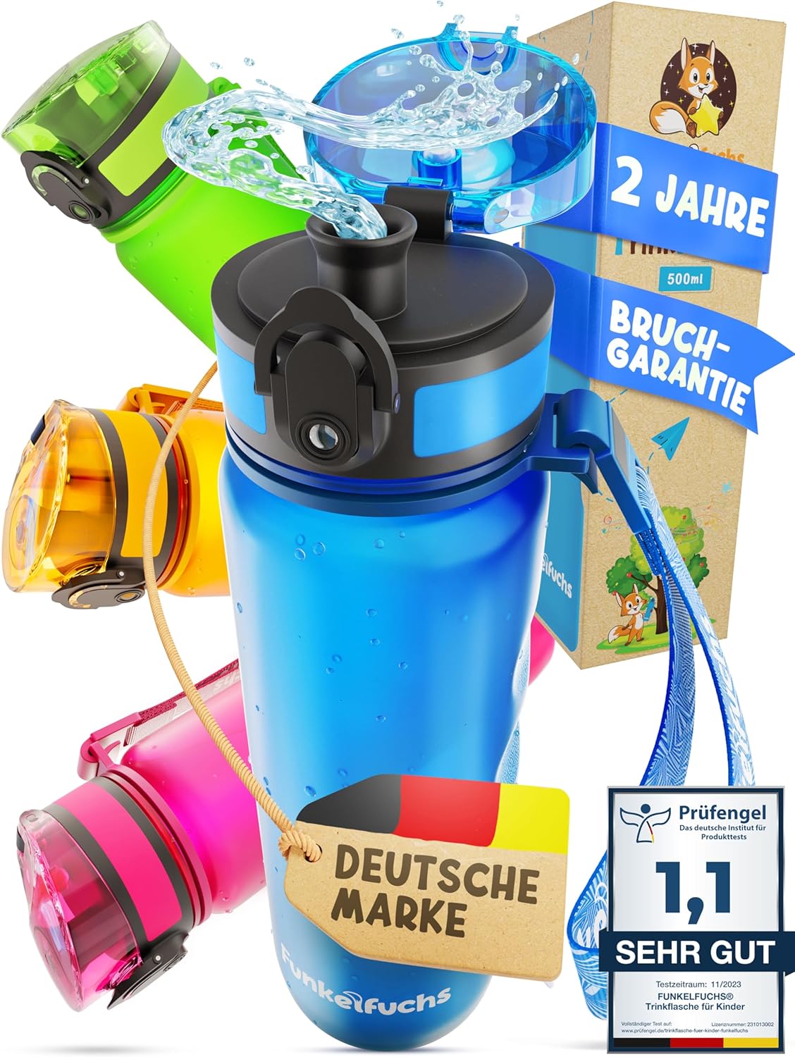 Funkelfuchs® - Drinkfles voor kinderen - 500ml, blauw - koolzuurhoudend - 100% lekvrij - waterfles vaatwasmachinebestendig - voor kleuterschool, school, sport