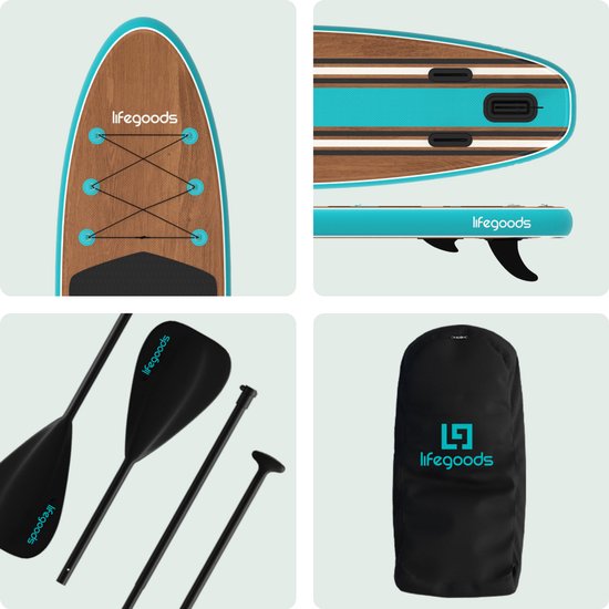 LifeGoods PaddlePro SUP Board - Opblaasbaar Paddle Board - Complete Set - Max. 150KG - 320x81cm - Hout/Blauw