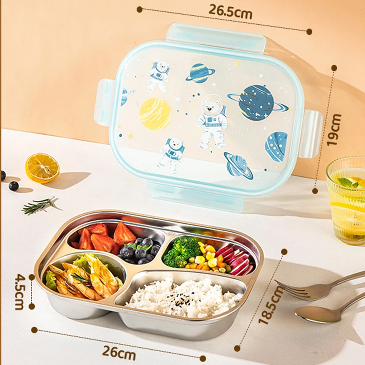 Maxcook Bento Lunchbox – 4 Vakken – 316 Roestvrij Staal – Ruimtevaartdesign – MCWA5499ontainer with Space Astronaut Pattern Lid, Portable Lunch Container for  Office Picnic MCWA5499