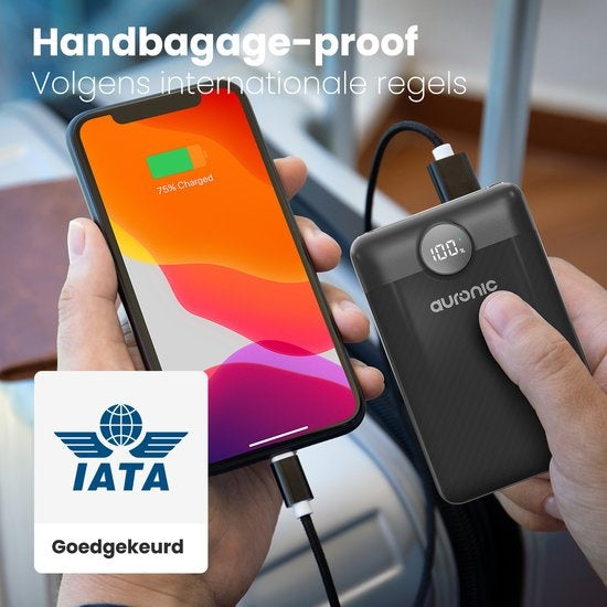 Auronic Powerbank - Geschikt voor iPhone 12/13/14/15 en Samsung S21/S22/S23 - 20.000 mAh - 22.5W - 3 Oplaadpoorten - Snelladen via USB-A en USB-C - Zwart