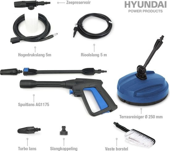 HYUNDAI hogedrukreiniger 1500W - Complete deluxe set - 360 L/uur - Inclusief veel accessoires - spuitstukken - terrasreiniger - zeeptank