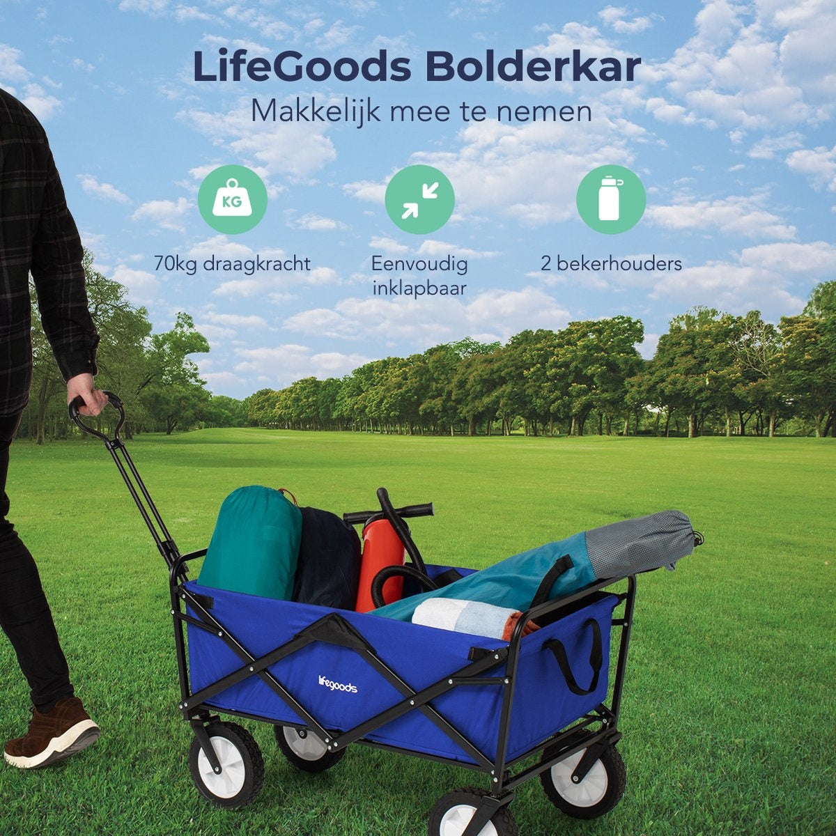 LifeGoods Bolderkar - Opvouwbaar - Draaibare wielen - 2 Standen - 70KG Draagkracht - Blauw