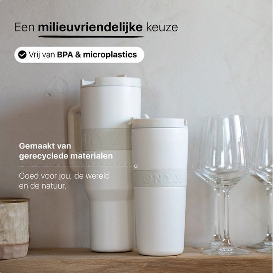 ONYX Drinkfles met Rietje 700ML - Waterfles voor Kinderen & Volwassenen - Thermosbeker RVS Travel Mug - Motiverende Drinkbus - Drinkbeker voor School - Coco White