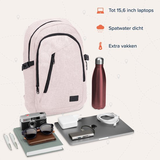 TRVLMORE Rugtas - 25L - 15,6 Inch - Laptop Rugzak met USB - Schooltas - Heren en Dames - Tas Roze
