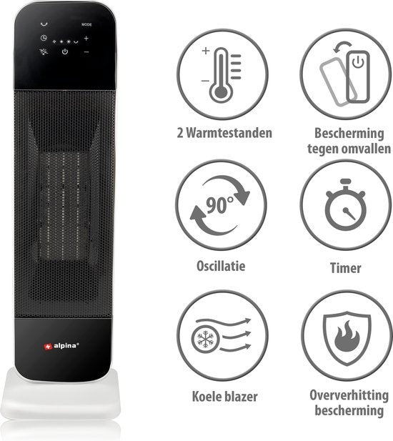 alpina Elektrische Verwarming - Keramische Ventilatorkachel - ook Verkoeling - Timer - Afstandsbediening - Zwenkfunctie - 2000W - Zwart Wit