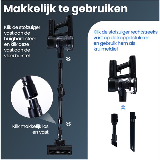 Steelstofzuiger G100 - 350W - Steelstofzuiger Draadloos - Stofzuiger Zonder Zak - 7-delige set met Buigbare Steel - 35kPa - Kruimeldief - Zwart - Saaf