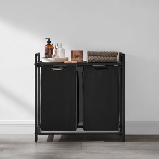 O'DADDY® Wasmand - 2 vakken – Uitschuifbare Wassorteerder Met Plank - 73 x 33 x 72 cm - Dark Grey