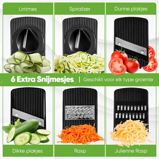 Stosh Mandoline - Groentesnijder - Uiensnijder - Spiraalsnijder - Rasp - 6-delig - Kunststof - BPA vrij - Zwart/Wit