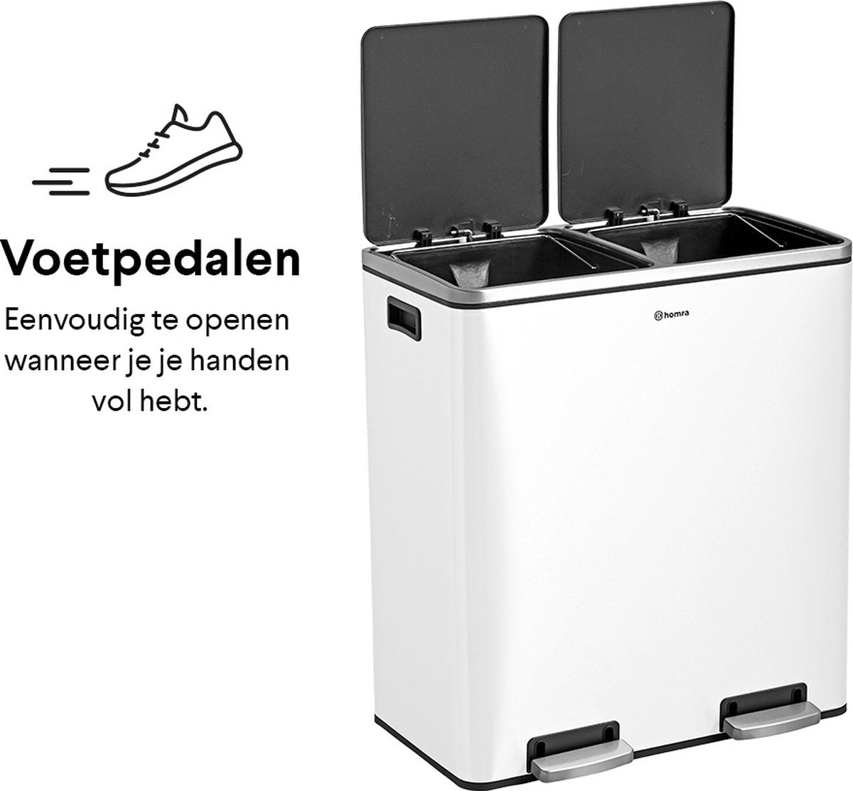 Afvalscheidingsprullenbak 2 vakken Crème Wit – 60 L (2x30 Liter) pedaalemmer Homra QUICKX – Design Duo Afvalemmer RVS - Afval Scheiden - Recycle Afvalbak - Hygiënisch Pedaal - Dubbele Vuilnisbak - Keuken Vuilbak - Kantoor Prullenbak