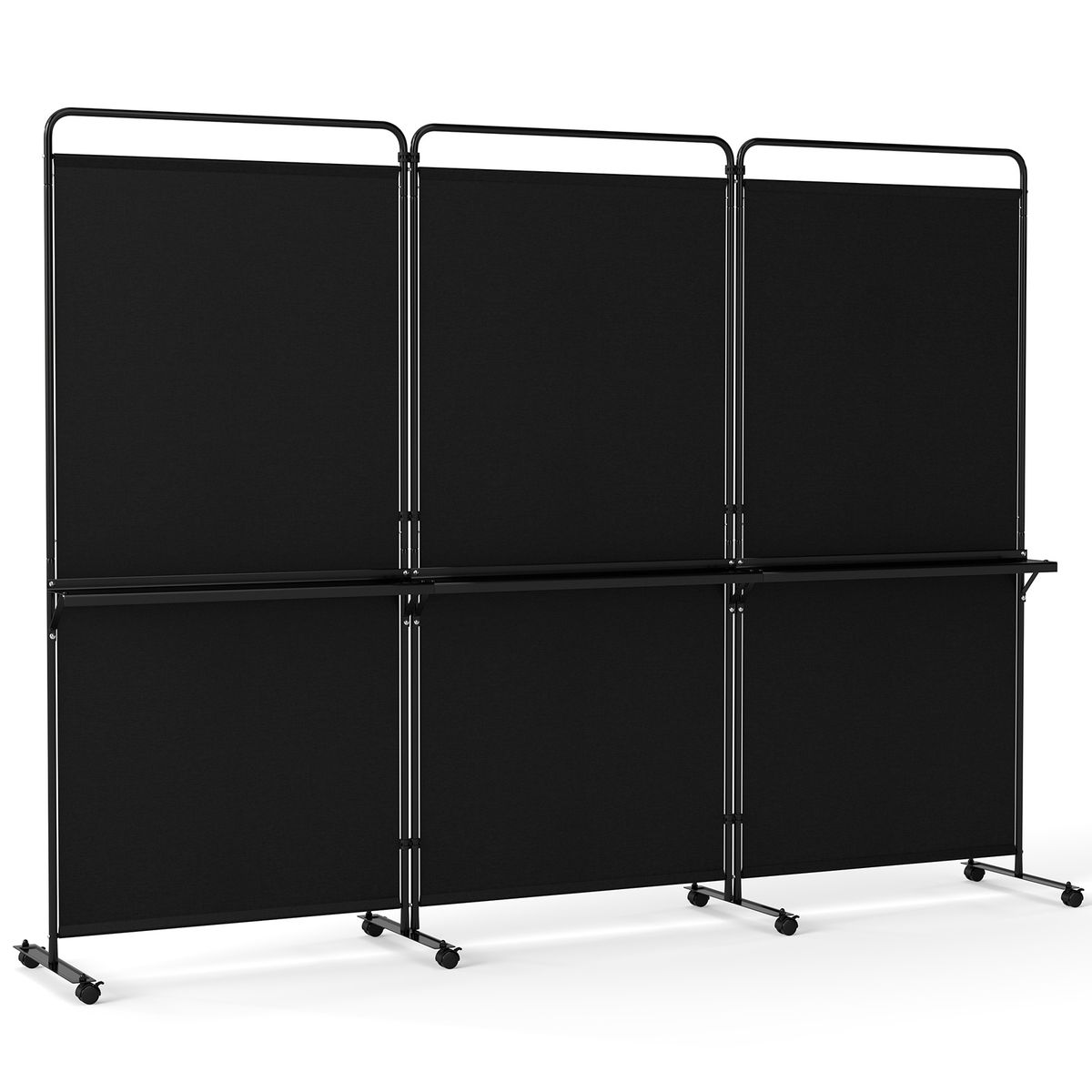 Coast 3-delige ruimteverdeler op wieltjes - opvouwbaar kamerscherm met 3 planken - zwart 259 x 44 x 188 cm