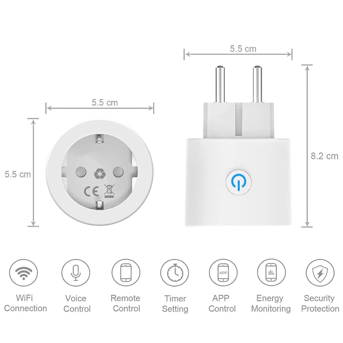 Antela Slimme Stopcontact met Energieverbruiksmeter 2 Stuks – WiFi en Spraakbesturing – Wit – Brandveilig ABS