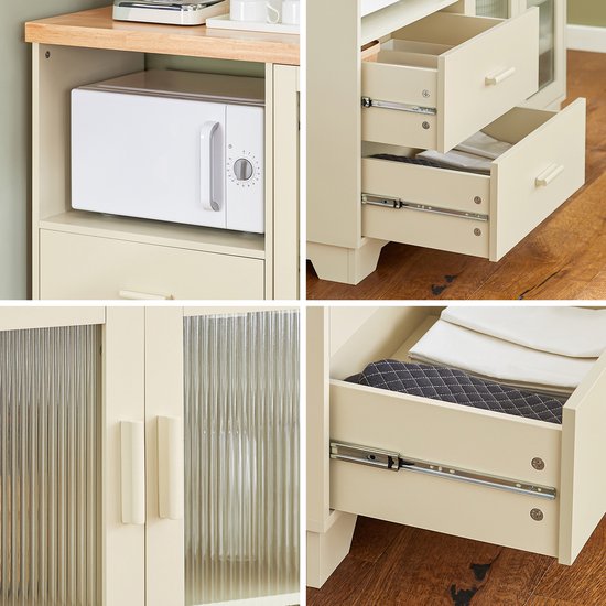 SoBuy Buffetkast Met Laden – 120 x 40 x 90 cm & Met Glazen Deuren – Voorzien Van Interne Planken En Flessenrek – Beige Gelakt Mdf