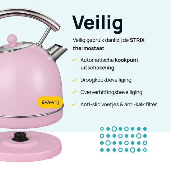 MOA Waterkoker Retro - 1.8L - RVS - BPA vrij - 2200W - 21.30x21.40x28.60 cm - Pastel roze