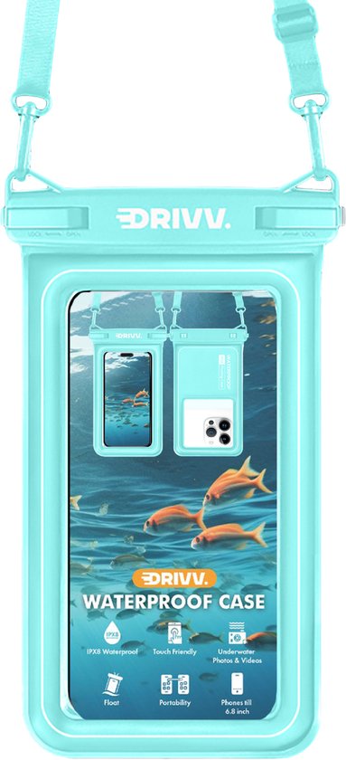 Drivv. Luxe Waterdicht Telefoonhoesje – Drijvend - Dubbele Klipsluiting - Telefoons tot 6.8 inch – Onderwater Hoesje Telefoon - Blauw