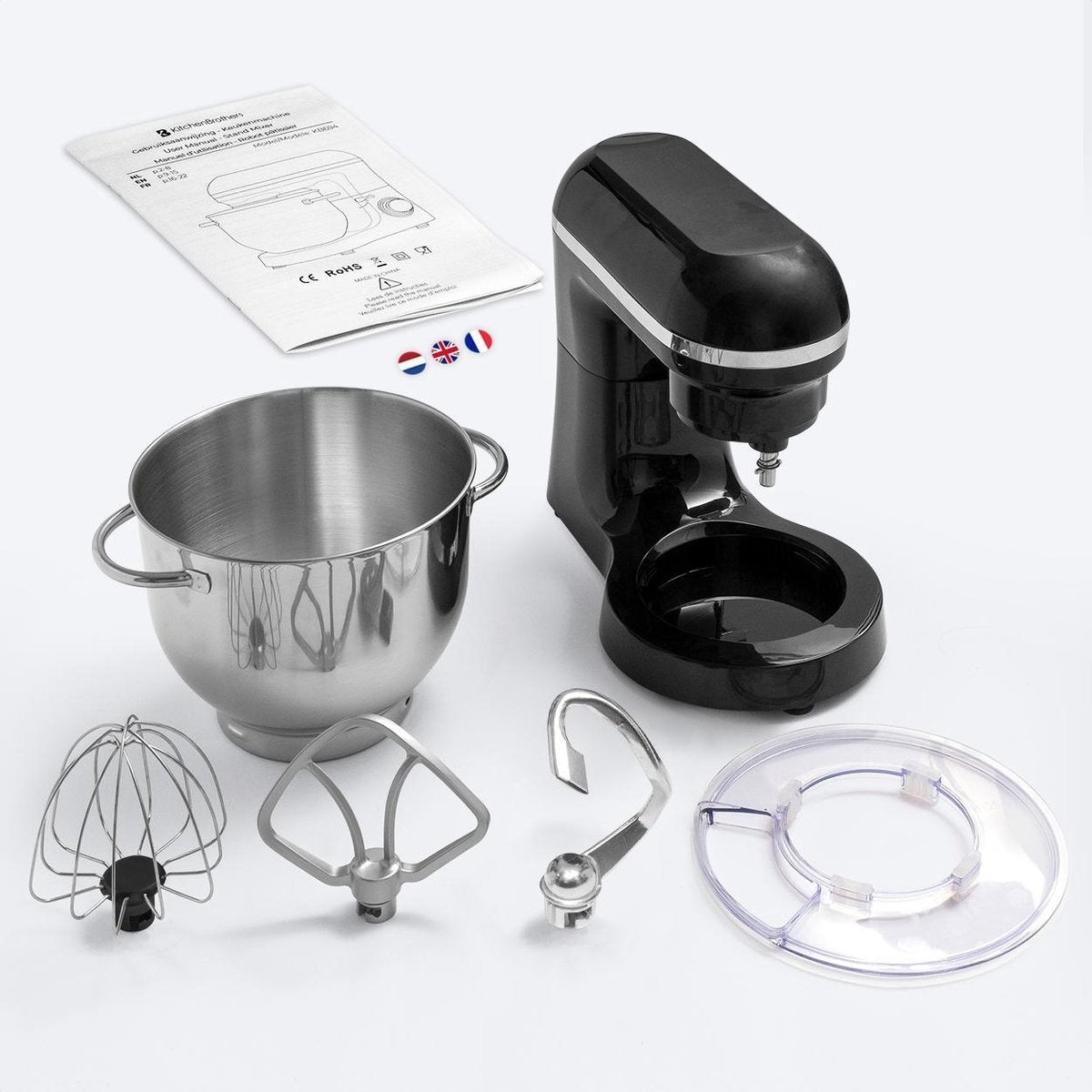 KitchenBrothers Keukenmachine & Keukenmixer – Incl. Mengkom – 1400 W – 38,7 x 23,8 x 31,4 cm – Zwart