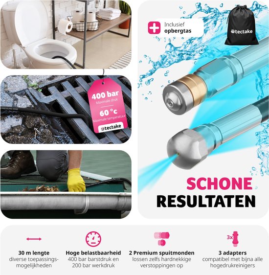 tectake® rioolslang - leidingreinigingsslang 2x leidingreinigingsmondstuk - afvoerreiniger voor hogedrukreinigers - leidingreiniging - afvoerleiding - rioolreiniger - toiletreiniger - 30 meter