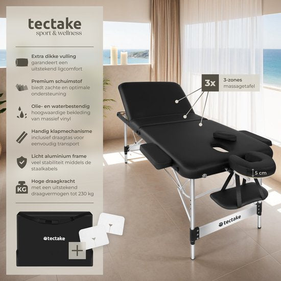 tectake® 3 Zones massagetafel - Behandeltafel incl. draagtas - 5 cm dikke vulling - Aluminium frame - 78 cm breed - 230kg draagvermogen - Incl. 15 hoofdsteundoekjes - Zwart