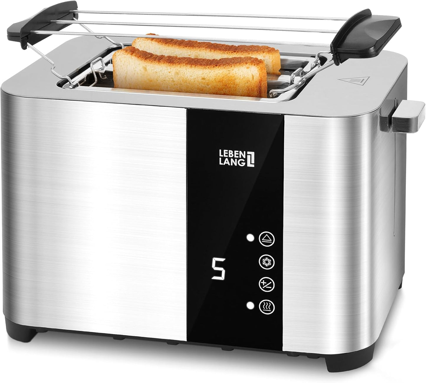 LEBENLANG - Roestvrijstalen Broodrooster – 2 Sleuven – Touchscreen & LED-display – 7 Standen – 850W – Incl. Broodjesopzetstuk en Kruimellade