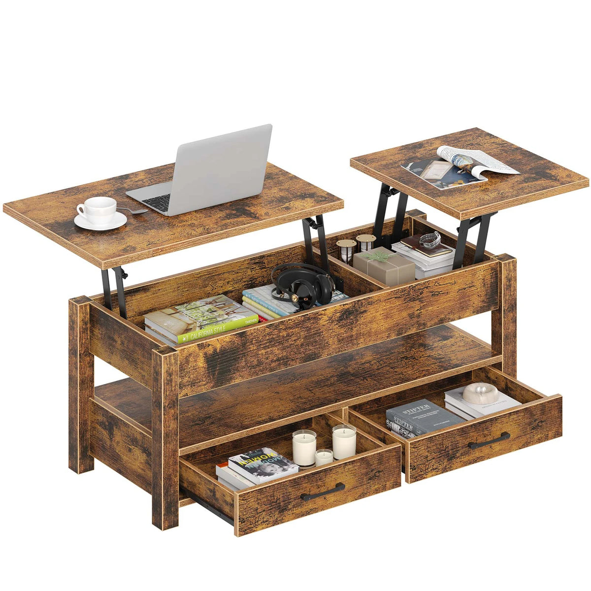 Rolanstar Salontafel in Hoogte Verstelbaar - Donkerbruin - 100 x 50 x 48 cm - Met Laden, Opbergruimte