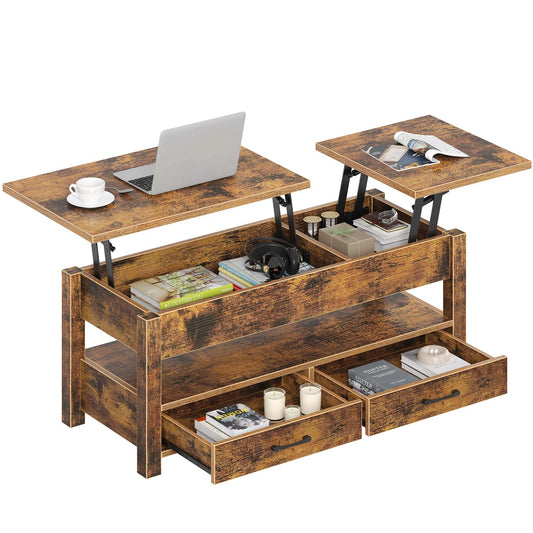 Rolanstar Salontafel in Hoogte Verstelbaar - Donkerbruin - 100 x 50 x 48 cm - Met Laden, Opbergruimte