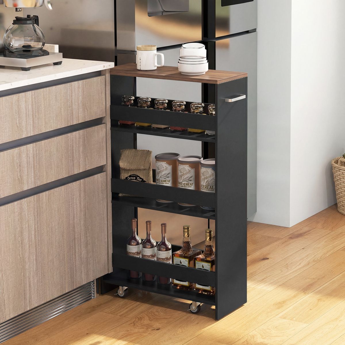 Coast Keukenwagen - smal nissenrek op wielen - 4 verdiepingen - zwart en bruin - 47,5 x 20 x 80,5 cm