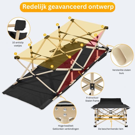 Yaheetech Veldbed 186 x 66 cm - Opvouwbaar Kampeerbed - 150 kg - Draagtas - Zwart