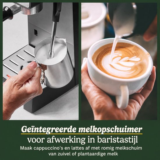 Cuisinart Slim Espresso Pistonmachine voor Espresso Americano en Cold Brew met Geïntegreerde melkopschuimer voor Latte en Cappuccino 15 bar druk bodemloze portafilter Compact design geschikt voor reismokken 1.5L waterreservoir