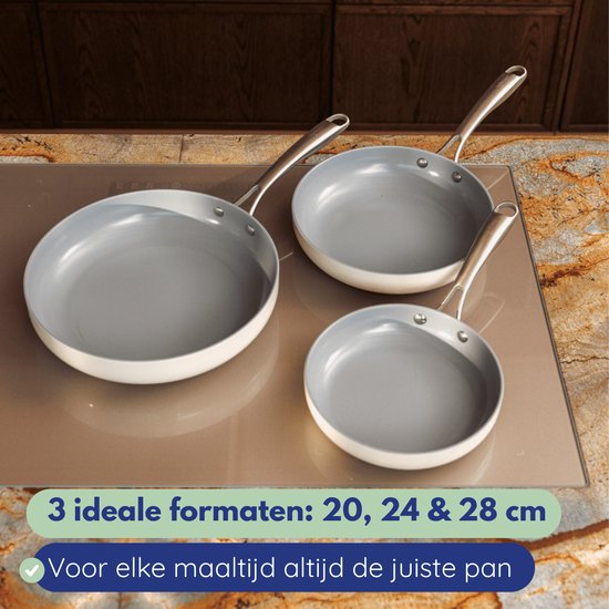 Safecourt Kitchen 3-delige Keramische koekenpan Pannenset - Ø 20, 24, 28 cm Pannen - Inductie, Elektrisch, Keramisch & Gas - PFAS & PTFE vrij