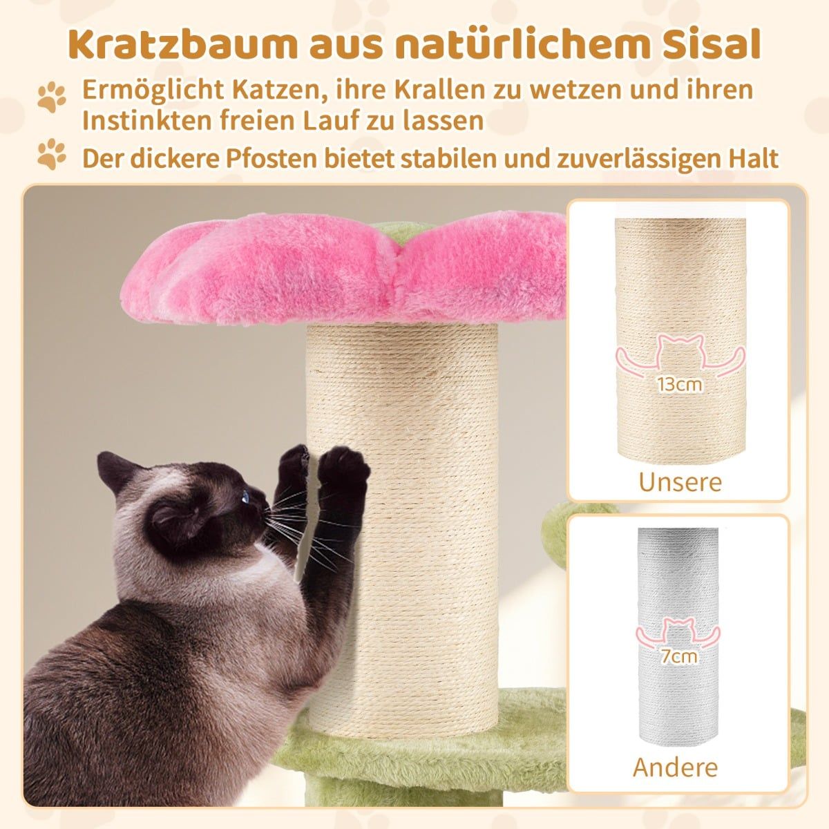 Coast Krabpaal voor katten - 3 verdiepingen - met pluche ligplek en bloemenplatforms - roze - 69 cm