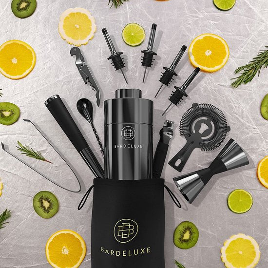 Cocktailset, 17-delig, barkeeperset, cocktailmixerset, 750 ml cocktailshaker roestvrij staal, cocktailshakerset, bartender set, luxe cocktailcadeauset, tas & receptenboek (zwart)