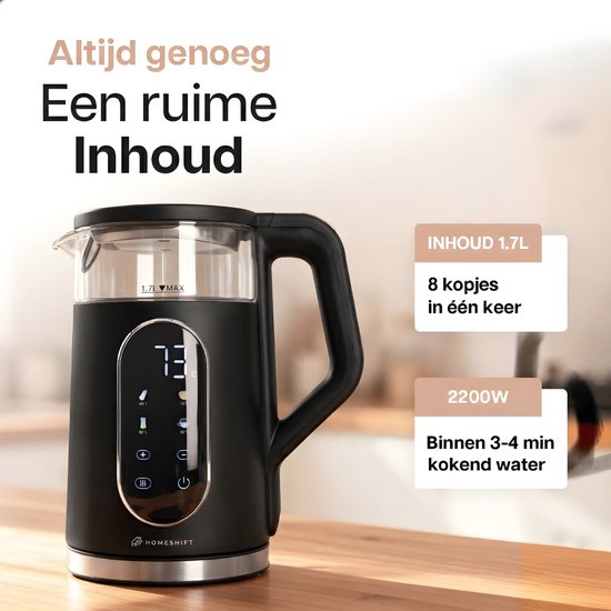 HomeShift® Waterkoker met Temperatuurregeling - Warmhoudfunctie - Dubbelwandig - Elektrisch - 1,7 Liter - 2200W - Zwart