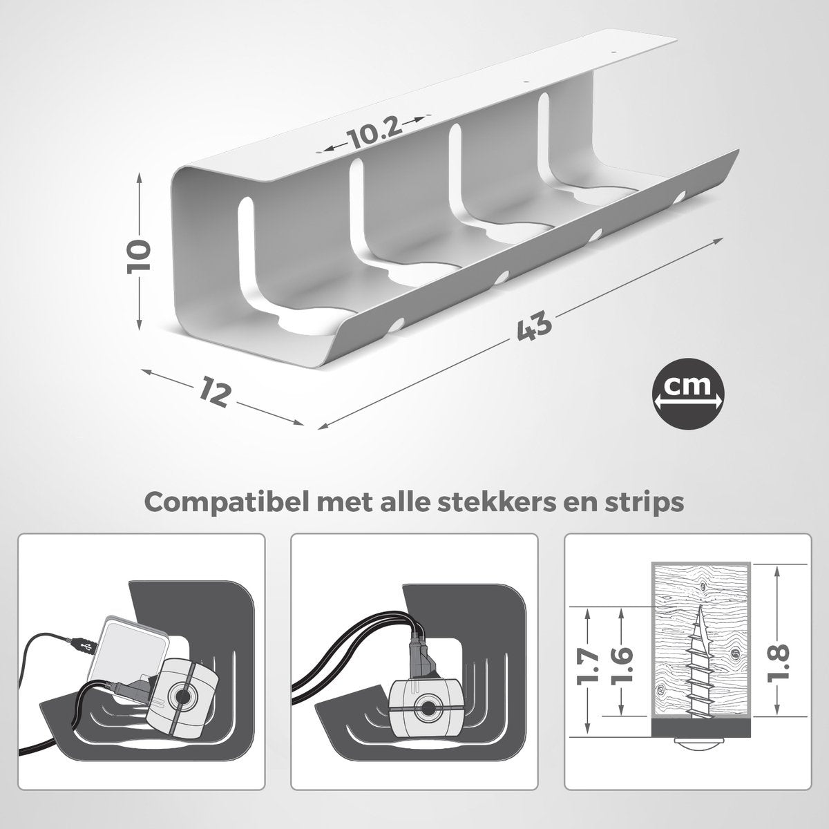 Stilemo Kabelgoot Bureau 2 Delig - Cable Management - Kabelhouder 43 CM - Kabel Organiser 5 KG Draagkracht - Wit