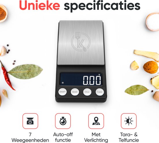 Kitchenwell digitale mini precisie keukenweegschaal - 0,01 tot 500 gram - 14.2 x 7.5 cm - pocket scale op batterij - weegschaal keuken