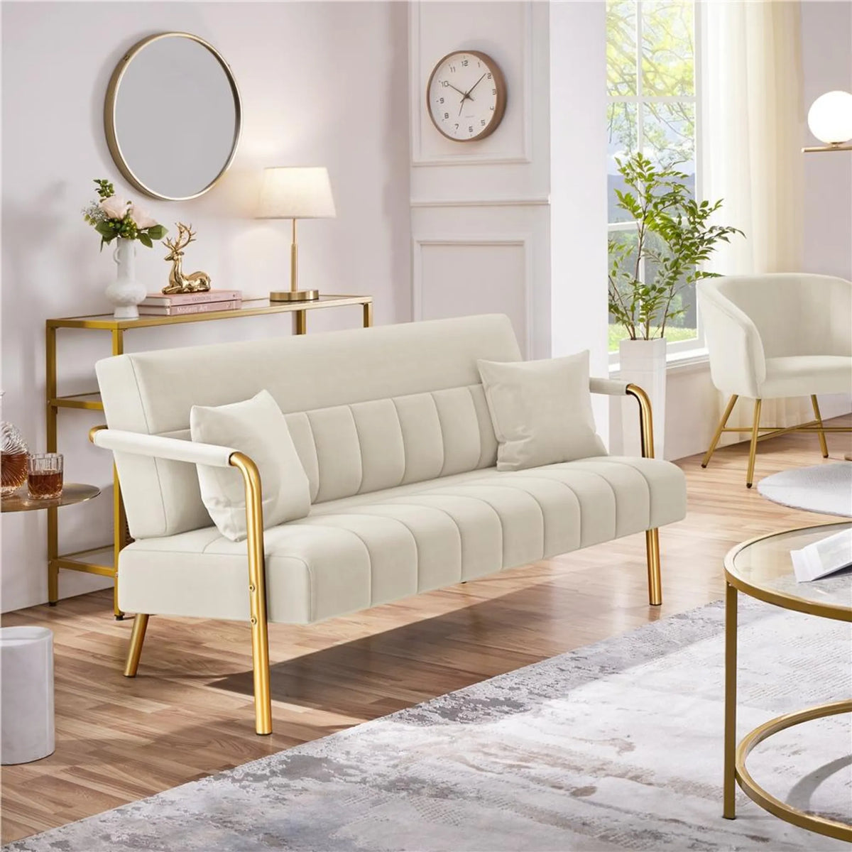 2-zits Gestoffeerde Bank met Armleuningen en Metalen Poten Beige 143,5 × 71,5 × 75,5 cm