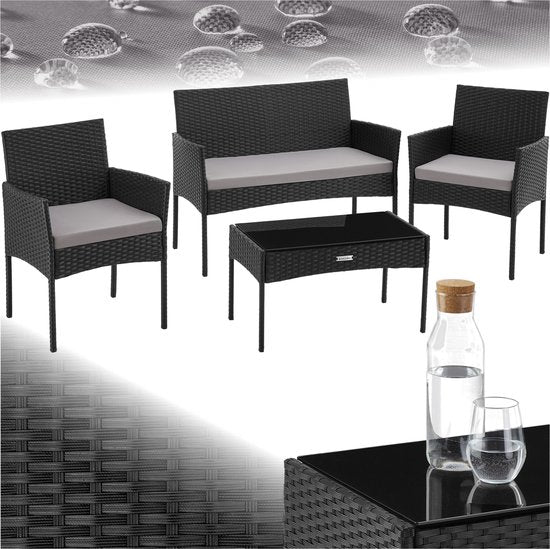 tectake® - Wicker tuinset Palese - Zitgroep voor 4 personen - Tuinmeubelset met loungebank, tuintafel en 2 tuinstoelen inclusief zitkussens - Tuinmeubelen - Waterafstotend - Zwart