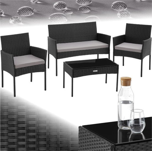 tectake® - Wicker tuinset Palese - Zitgroep voor 4 personen - Tuinmeubelset met loungebank, tuintafel en 2 tuinstoelen inclusief zitkussens - Tuinmeubelen - Waterafstotend - Zwart