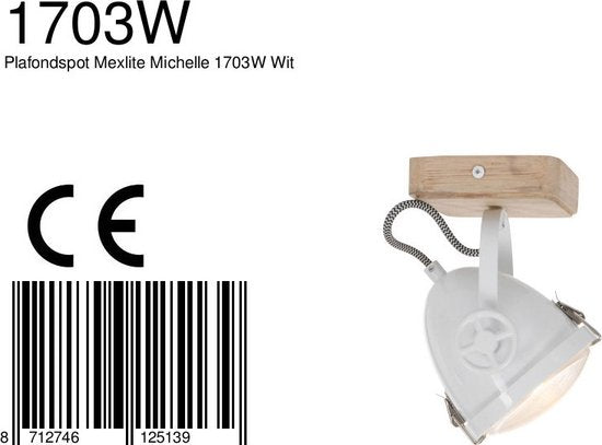 Plafondspot Michelle Wit - Draaibaar & Kantelbaar - Hout en Metaal - Mexlite - 20 cm Hoog, 11 cm Diameter