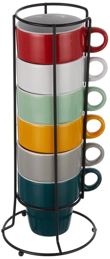 Secret de Gourmet Koffie mokken/bekers Colorama - 6x stuks in metalen rekje - Keramiek - glans afwerking - 260 ml - 8 x 9 cm