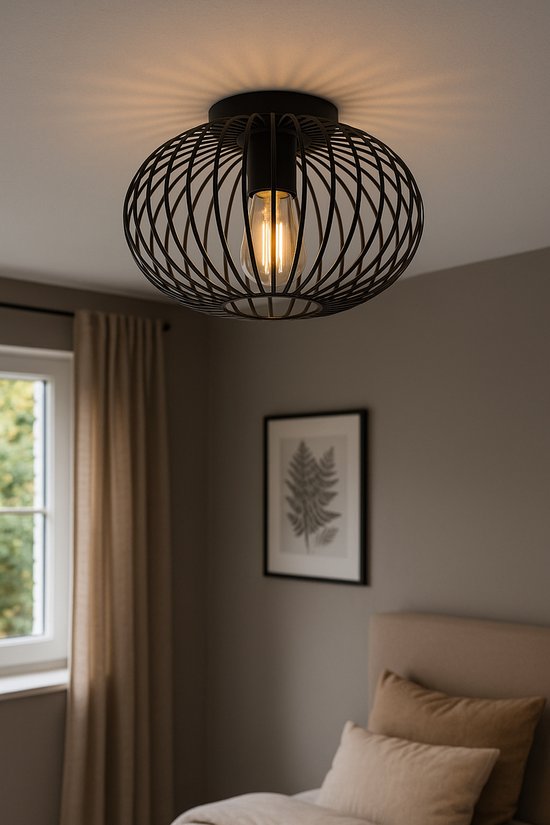 SensaHome 78174BK plafondlamp zwart - industriële metalen plafonnière - retro wire kooi design - 30 x 30 x 17 cm - 1x E27 40W - exclusief lichtbron**