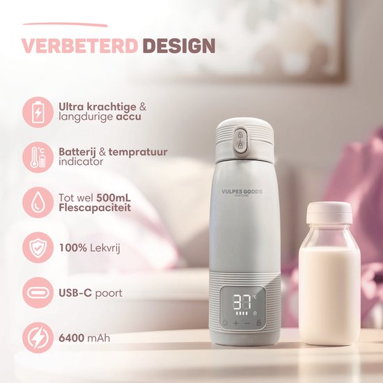 Vulpes Goods® BabyCare - Thermosfles Flessenwarmer - 500ML - Roestvrijstaal - 6400 mAh - 500ML - Oplaadbaar - Draadloos & Draagbaar - PRO V2