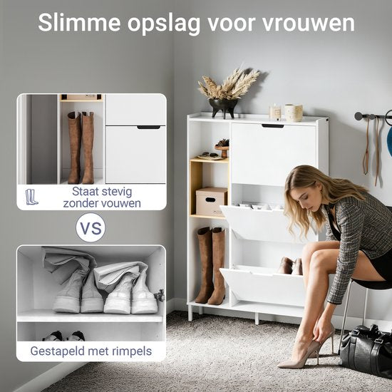 SoBuy FSR209-WN Schoenenkast, wit, compact, opslag voor 9 paar schoenen, ideaal voor kleine ruimtes en woningen, MDF + bamboe, 90 x 19 x 129,5 cm FSR209-WN