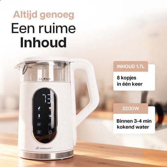 HomeShift® Waterkoker met Temperatuurregeling - Warmhoudfunctie - Dubbelwandig - Elektrisch - 1,7 Liter - 2200W - Wit