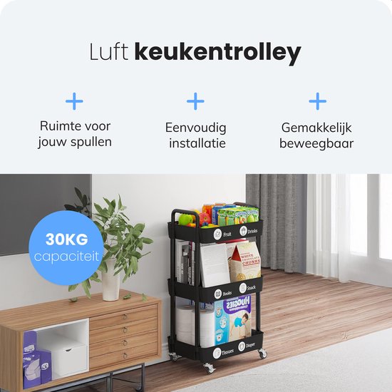 Keuken trolley op Wieltjes - 3 laags - Rek - Serveer - Wagen - Kastje - Opberg - Douche kastjes staand - Rekje - Zwart - Luft